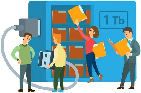 Cloud storage technology concept. People stacking folders with information to Stock Illustration