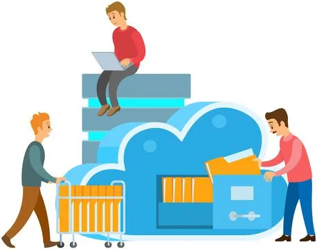 Cloud storage technology concept. People stacking folders with information to Stock Illustration