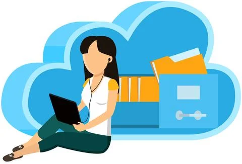 Cloud storage technology. File database on computer. Woman folds documents to Illustrazione stock