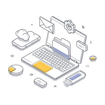 Cloud storage technology integrated with various digital devices. A laptop su Illustrazione stock