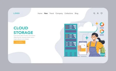 Cloud Storage web or landing. Enthusiastic woman uploading files from Illustrazione stock