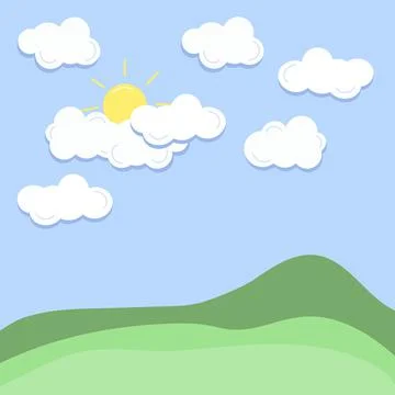 Cloud, sun and hill summer landscape. Blue sky Stock Illustration