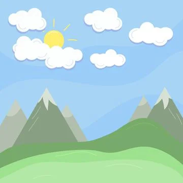 Cloud, sun and mountain summer landscape. Blue sky Stock Illustration