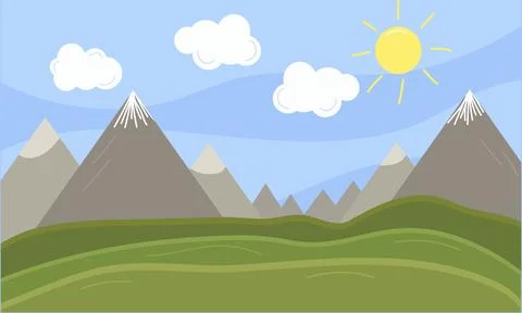 Cloud, sun and mountain summer landscape. Blue sky Stock Illustration