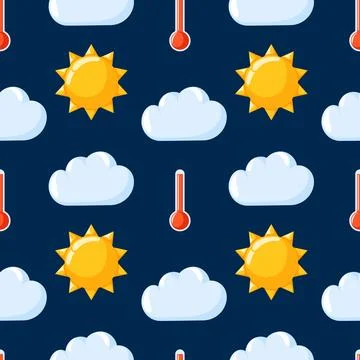 Cloud with sun and thermometer seamless pattern in cartoon style. Hand drawn Stock Illustration