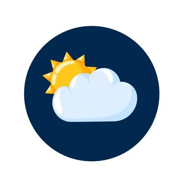 Cloud with sun cartoon icon. Hand drawn weather, forecast logo. Vector Stock Illustration