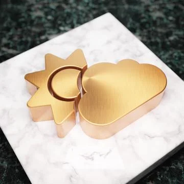 Cloud Sun icon. Bronze Cloud Sun symbol on white marble podium. Иллюстрация