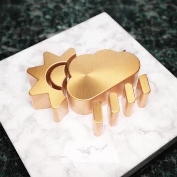 Cloud Sun Rain icon. Bronze Cloud Sun Rain symbol on white marble podium. Illustrazione stock