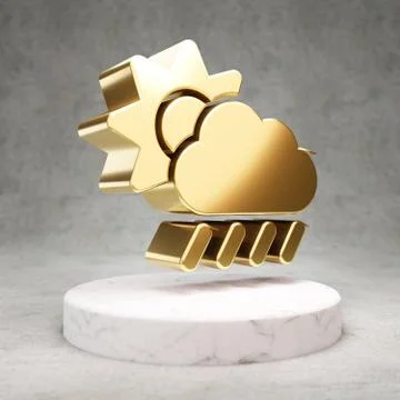 Cloud Sun Rain icon. Shiny golden Cloud Sun Rain symbol on white marble podiu Stock Illustration