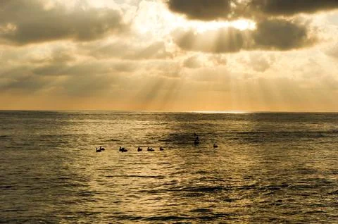 Cloud Sun Rays Ocean Birds Stock Photos