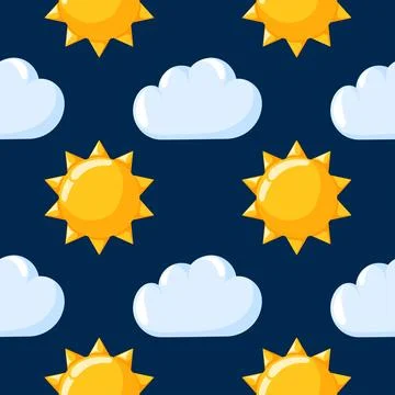 Cloud with sun seamless pattern in cartoon style. Hand drawn weather, forecast Stock Illustration