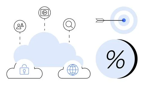 Cloud surrounded by internet icon, security lock, users, media play button, s Stock Illustration