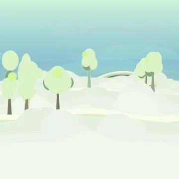 Cloud-suspended forest backdrop with aurora sky, classic, and curved rainbow roa Stock Illustration