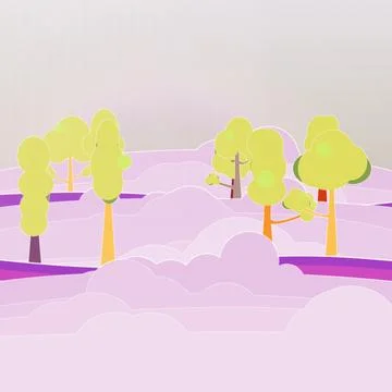 Cloud-suspended forest backdrop with curved rainbow road, layered bottom clouds, Stock Illustration