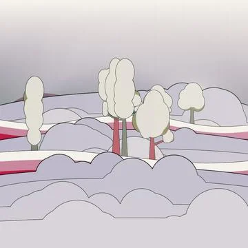 Cloud-suspended forest backdrop with daylight sky, classic, and curved rainbow r Stock Illustration