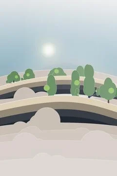 Cloud-suspended forest backdrop with floating mountain ridge, two floating tree Stock Illustration