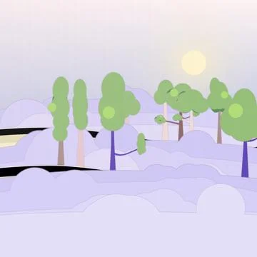 Cloud-suspended forest backdrop with halo sun sky, classic, and curved rainbow r Stock Illustration