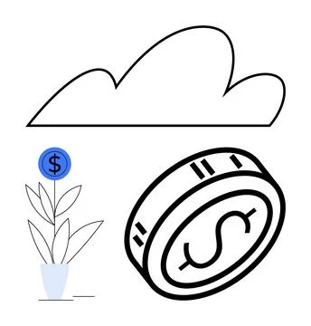 Cloud symbol above floating coin with dollar sign, and plant with dollar-sign Stock Illustration