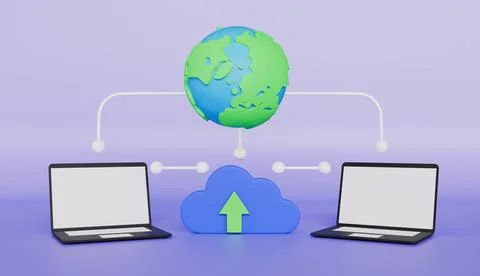 Cloud symbol and computer, global data sharing, online database, transfer data 库存插图