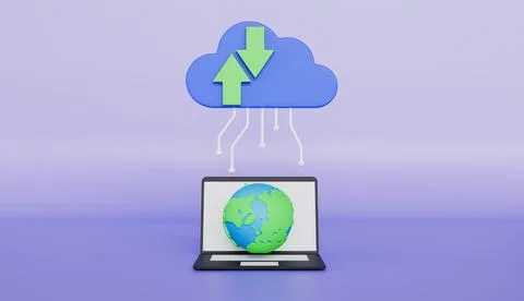 Cloud symbol and earth globe on computer, online database, transfer data Stock Illustration