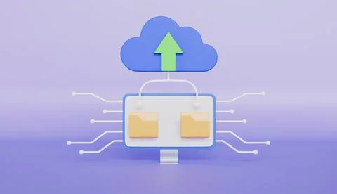 Cloud symbol and folder icon on computer, online database, transfer data Stock Illustration