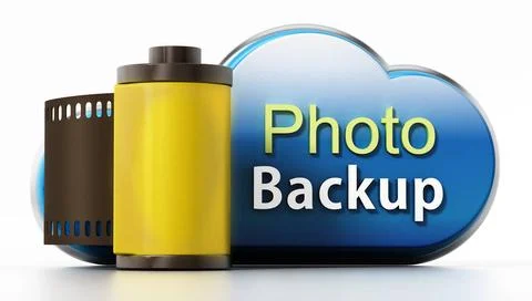 Cloud symbol with backup text and film strip. 3D illustration Cloud symbol... 스톡 사진