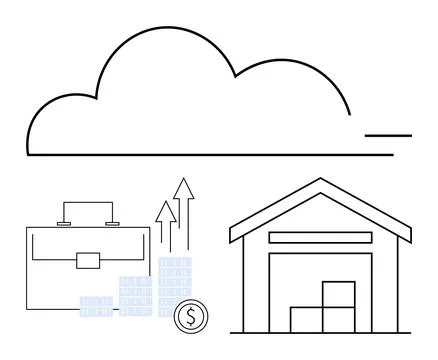 Cloud symbol with briefcase, bar chart and coin stack with upward arrows, and Stock Illustration