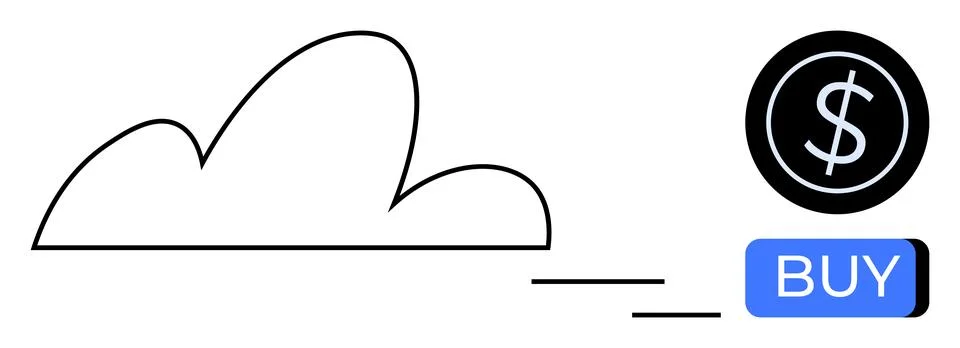 Cloud symbol connected to a dollar icon and blue Buy button. Ideal for techno Stock Illustration