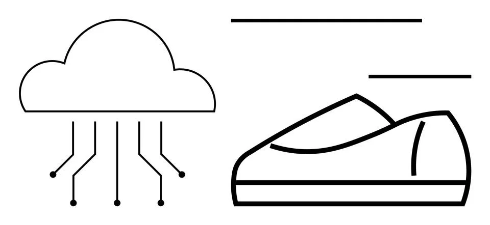 Cloud symbol with data lines connecting to a sneaker icon. Ideal for technolo Stock Illustration