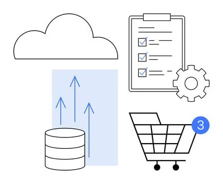 Cloud symbol, data storage with upward arrows, workflow checklist, gear icon, Stock Illustration