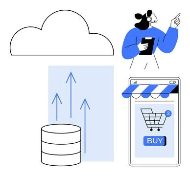 Cloud symbol, a person working with a tablet, data storage with arrows pointi 스톡 일러스트