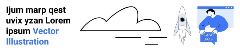 Cloud symbol, rocket launching, and person in browser window receiving cashba Stock Illustration