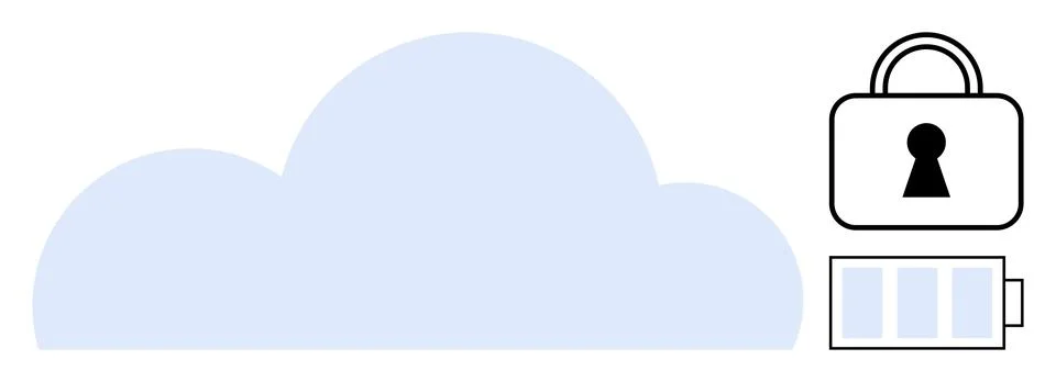 Cloud symbol with a security lock and a battery underneath. Ideal for represe Illustrazione stock
