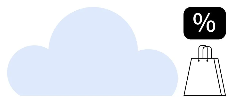 Cloud symbolizes cloud computing next to shopping bag and percentage sign rep Stock-Illustration