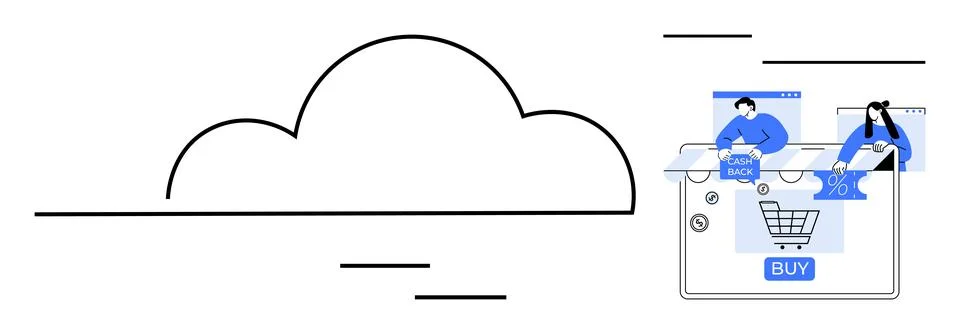 Cloud symbolizes cloud computing. People interacting with smartphone, shoppin イラスト素材