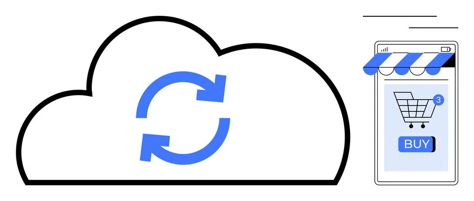 Cloud Sync and Online Shopping Mobile Store Cart with Syncing Arrows Stock Illustration