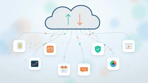 Cloud Sync Animation with Hanging Icons Data Transfer Visualization Digital Stock Footage 347923256