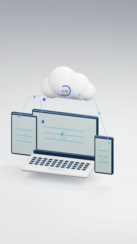 Cloud sync animation, laptop, tablet and smartphone synchronize data Stock Footage 346632546