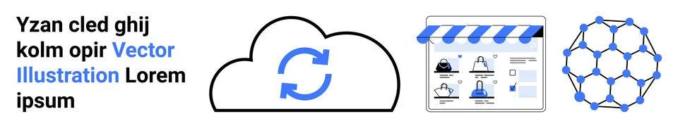 Cloud with sync arrows, online store with product images, and interconnected  Stock Illustration