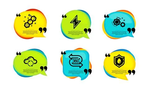 Cloud sync, Gears and Chemical formula icons set. Energy, 360 degree and Blood Illustrazione stock