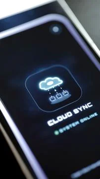 Cloud sync icon connects three device boxes Stock Photos