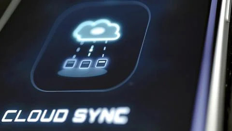 Cloud sync panel connects three device boxes Stock Photos