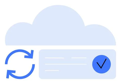Cloud Synchronization and Data Verification Process with Blue Checkmark and.. Illustrazione stock