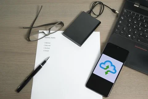 Cloud Synchronization and Digital Task List Stock Photos