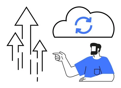 Cloud Synchronization and Growth Concept with Person Pointing Towards Upwar.. Stock Illustration