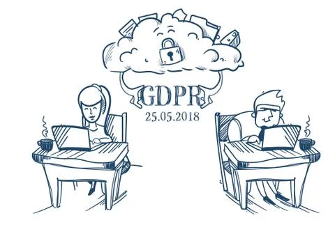 Cloud synchronization businesspeople team working together office desk General Illustrazione stock