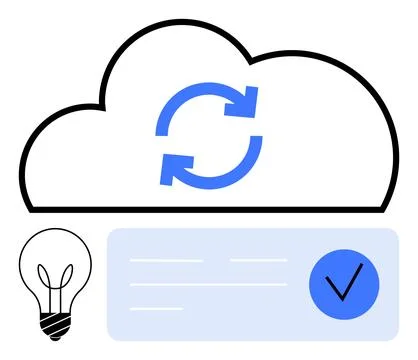 Cloud synchronization with lightbulb symbolizing ideas and a checkmark indi.. Stock Illustration