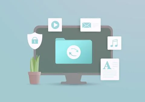 Cloud syncing illustration concept. Desktop computer and folder with 스톡 일러스트