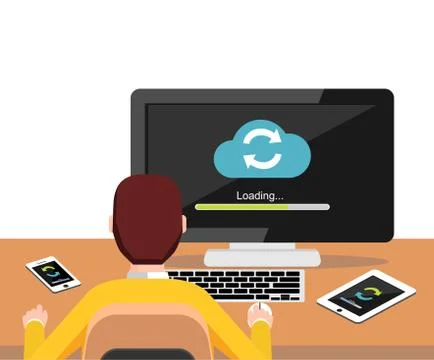 Cloud syncing process on desktop screen concept. Person working on computer. Stock Illustration