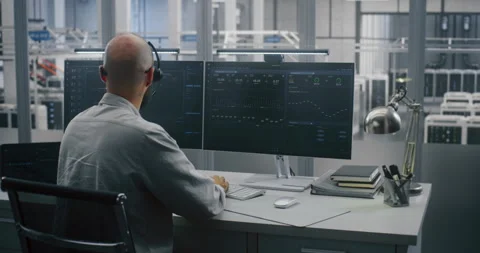 Cloud System Monitoring, Engineer on Headset Analyzing Performance Metrics, 库存影片 325425352
